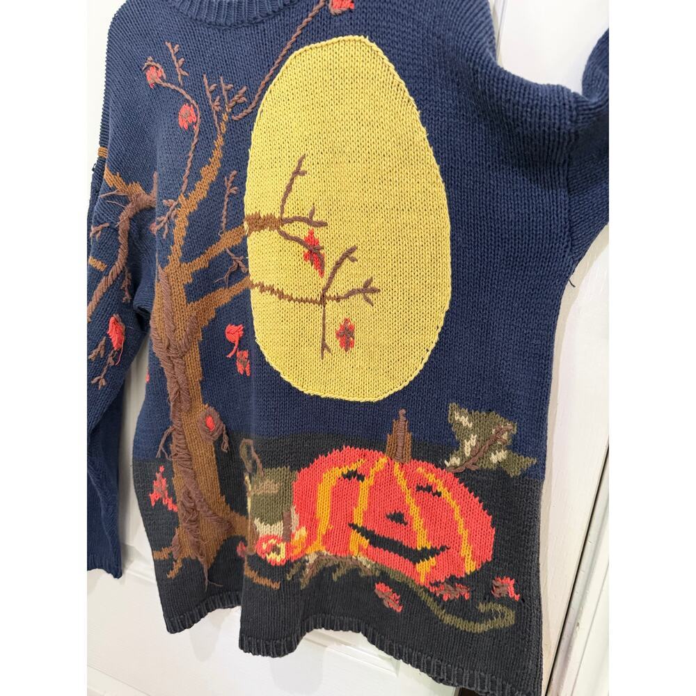 Vintage Lauren Hansen Halloween Sweater Witch Pumpkin Tree Knit Blue Size Large - Picture 4 of 7